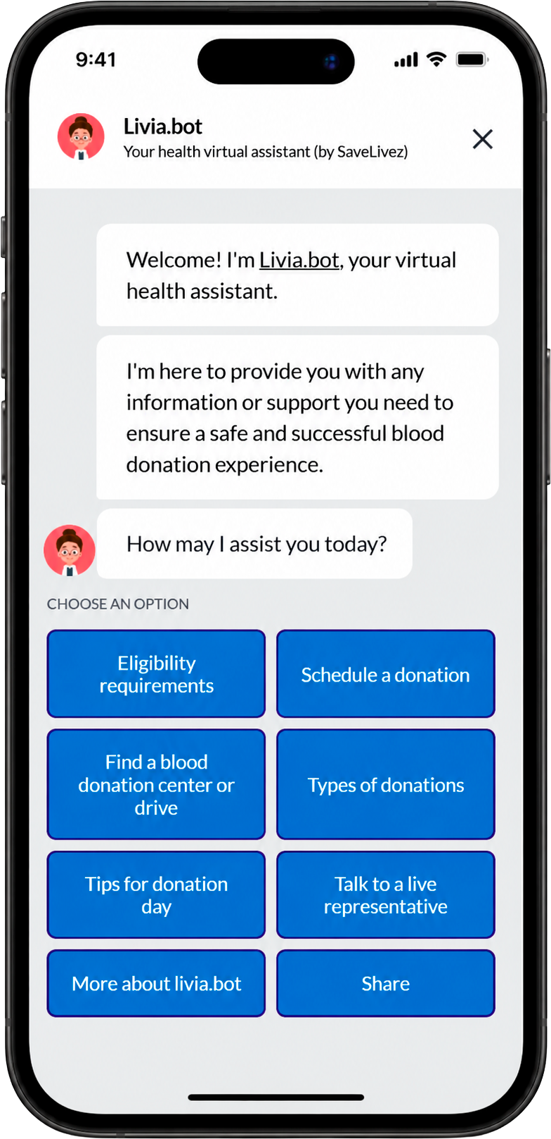 Livia.bot chat interface showing eligibility, scheduling, donation tips and more options
